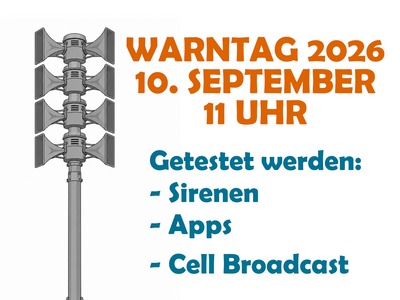 Am 10. September 11 Uhr findet der Warntag 2026 statt. Es ertönen Gefahrensignale und Handys werden Alarme von sich geben. Es besteht keine Gefahr. Grafik: Stadtverwaltung Flöha / GPT Image 2